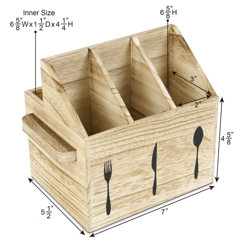 Ikee Design Rustic Elegant Wooden Flatware Organizer Caddy, Oak Color, 7'W x 5.5'D x 6.63'H - Image 3